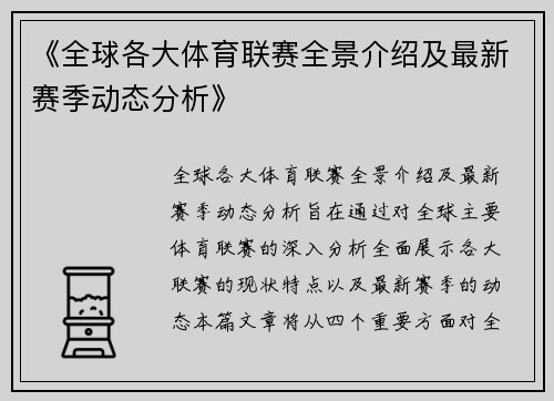 《全球各大体育联赛全景介绍及最新赛季动态分析》