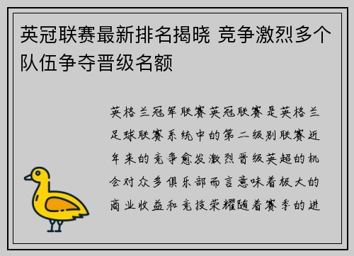 英冠联赛最新排名揭晓 竞争激烈多个队伍争夺晋级名额